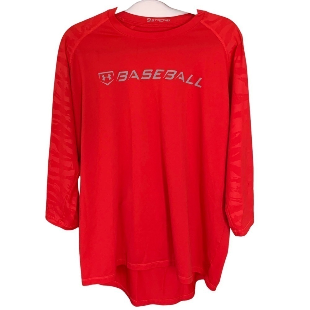 Under Armour Heat Gear Baseball Spellout 3/4 Sleeve Red Camo Sleeve Detail Sz XL